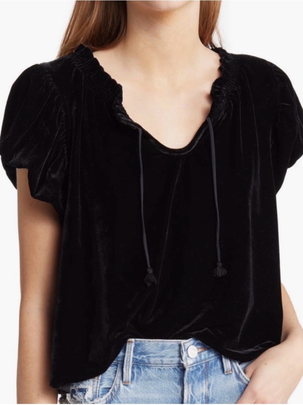 Free People Terese Velvet Ruffle Tie Neck Top Black Size XS